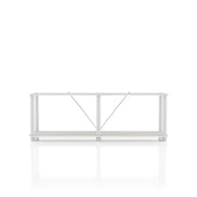 Front facing of a two-shelf modular shelving unit with support rods on a white background