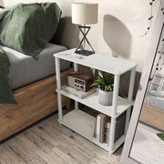 Left facing high-camera view of a two-shelf modular shelving unit with support rods in a room with accessories