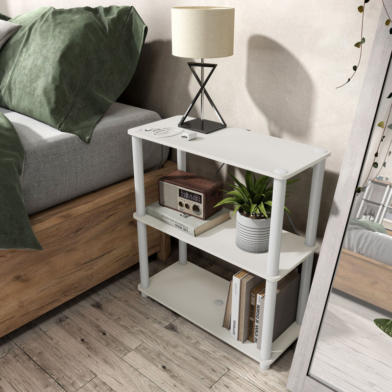 Left facing high-camera view of a two-shelf modular shelving unit with support rods in a room with accessories