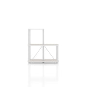 Front facing of a three-shelf modular shelving unit with support rods on a white background