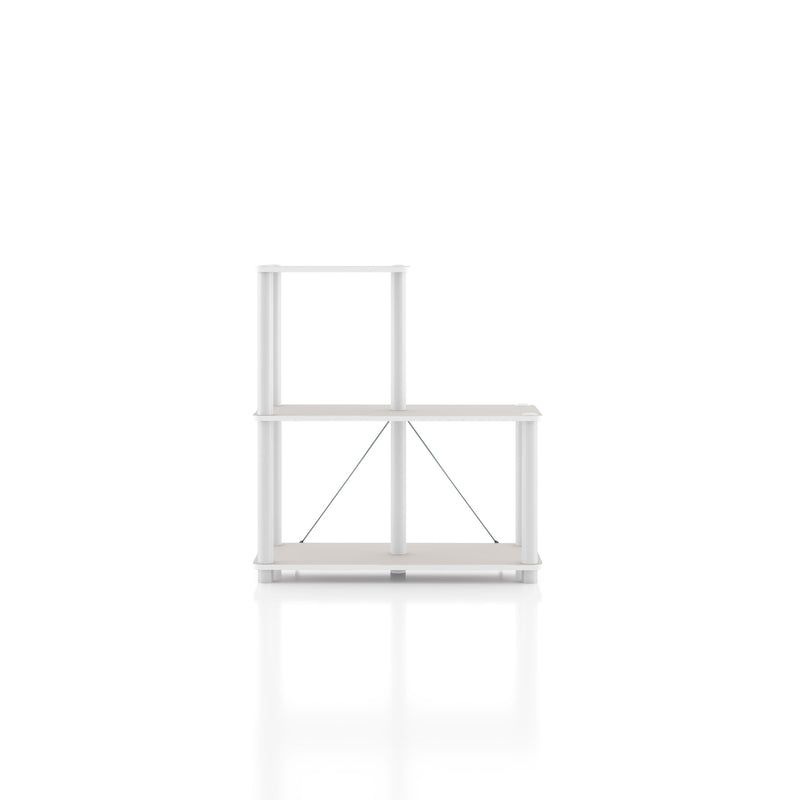 Front facing of a three-shelf modular shelving unit with support rods on a white background