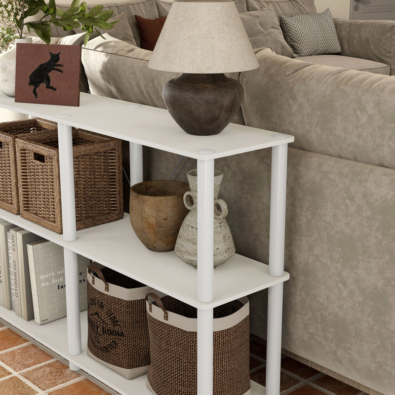 Left facing of the corner of a four-shelf modular shelving unit with support rods in a room with accessories