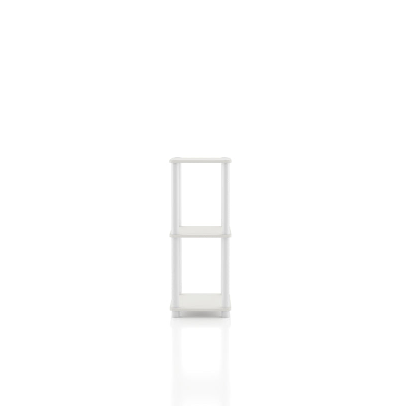 Left side facing of a two-shelf modular shelving unit on a white background