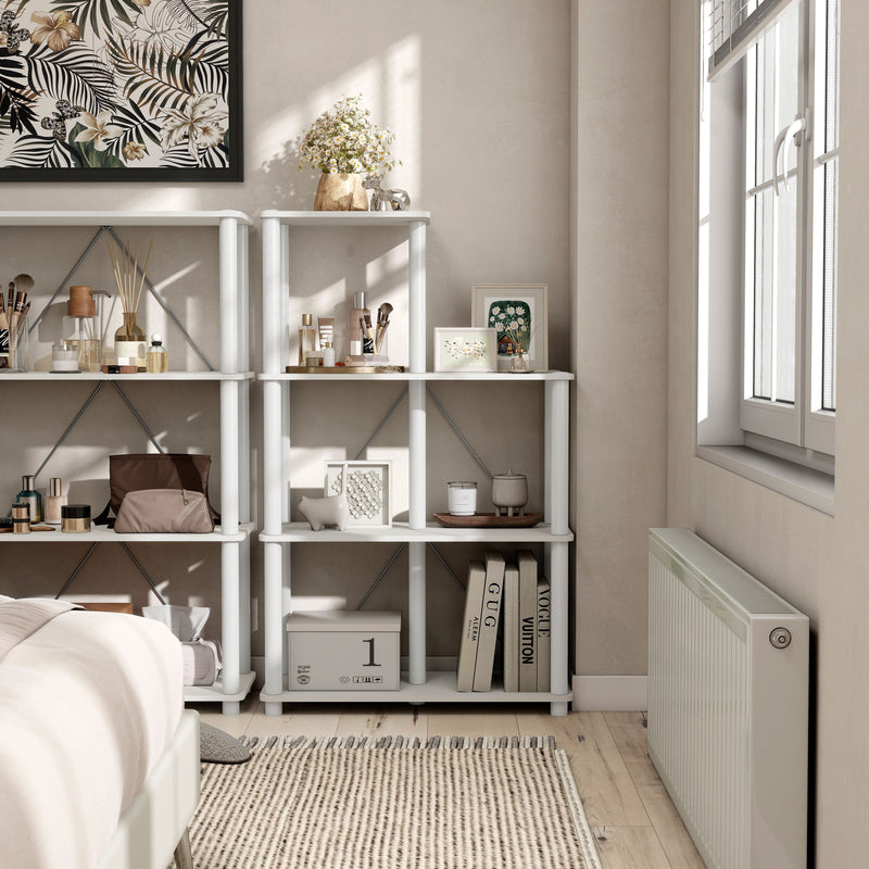 Front facing of a five-shelf modular shelving unit with support rods in a room with accessories
