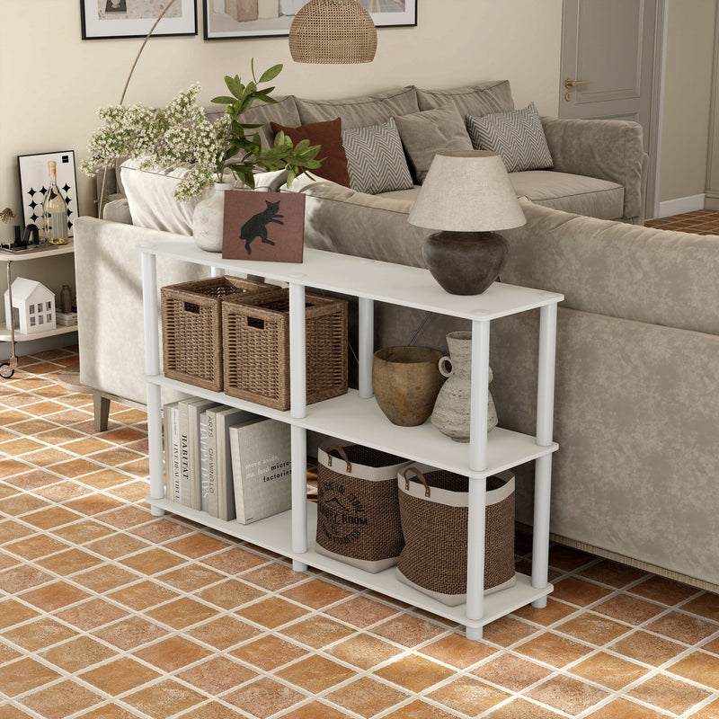 Left facing high-camera view of a four-shelf modular shelving unit with support rods in a room with accessories