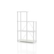 Left facing of a five-shelf modular shelving unit with support rods on a white background