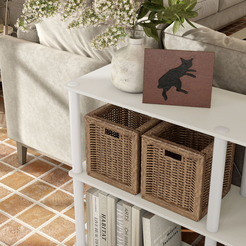 Left facing of the corner of a four-shelf modular shelving unit with support rods in a room with accessories