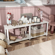 Right facing high-camera view of a two-shelf modular shelving unit with support rods in a room with accessories