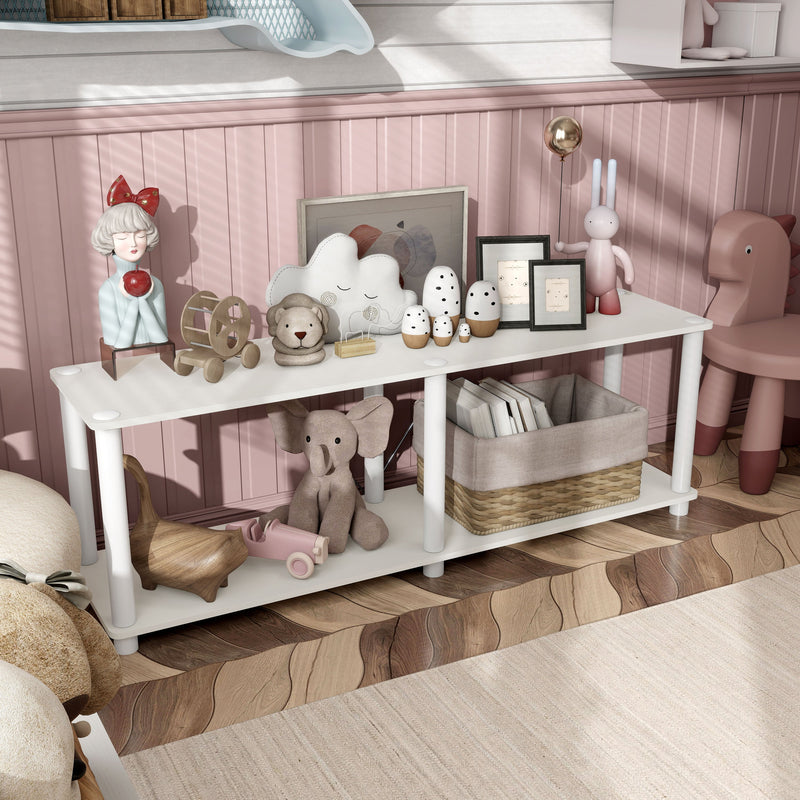 Right facing high-camera view of a two-shelf modular shelving unit with support rods in a room with accessories