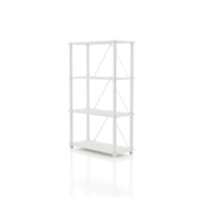 Left facing of a three-shelf modular shelving unit with support rods on a white background