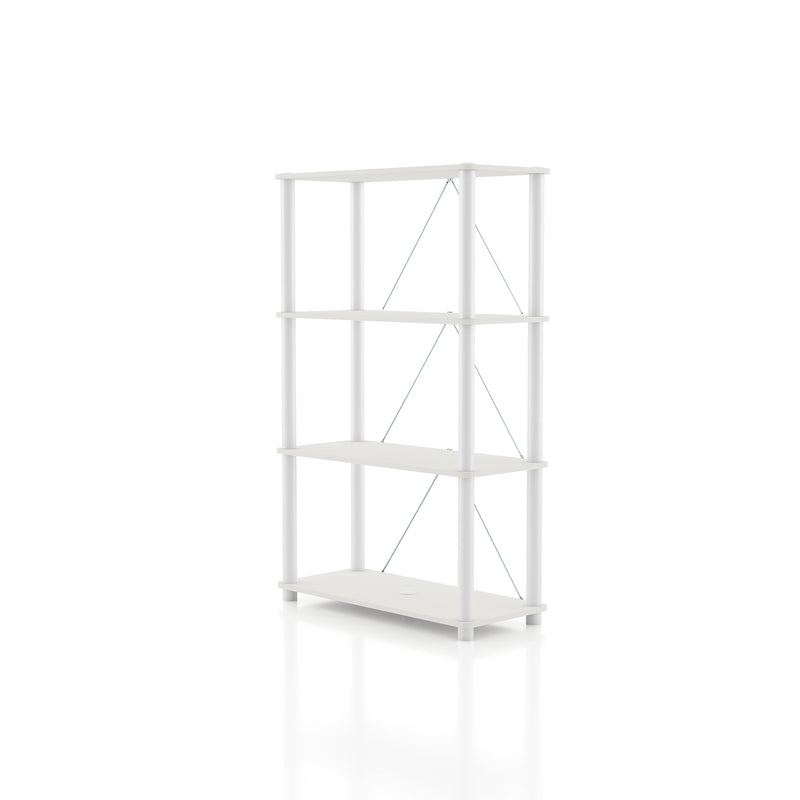 Left facing of a three-shelf modular shelving unit with support rods on a white background