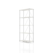 Left facing of a four-shelf modular shelving unit with support rods on a white background