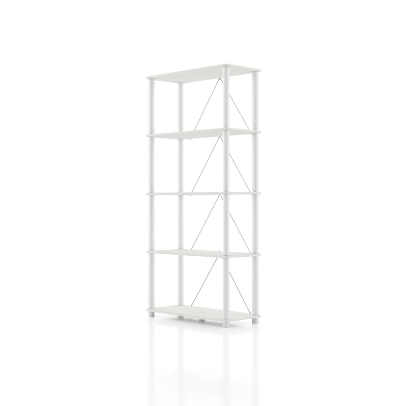 Left facing of a four-shelf modular shelving unit with support rods on a white background