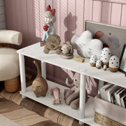 Left facing of the corner of a two-shelf modular shelving unit with support rods in a room with accessories