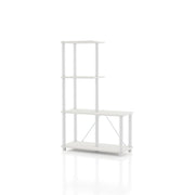 Left facing of a four-shelf modular shelving unit with support rods on a white background