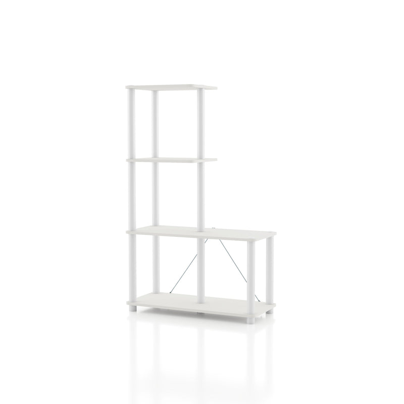 Left facing of a four-shelf modular shelving unit with support rods on a white background