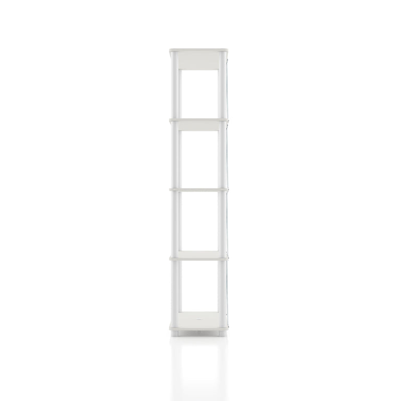 Left side facing of a four-shelf modular shelving unit with support rods on a white background
