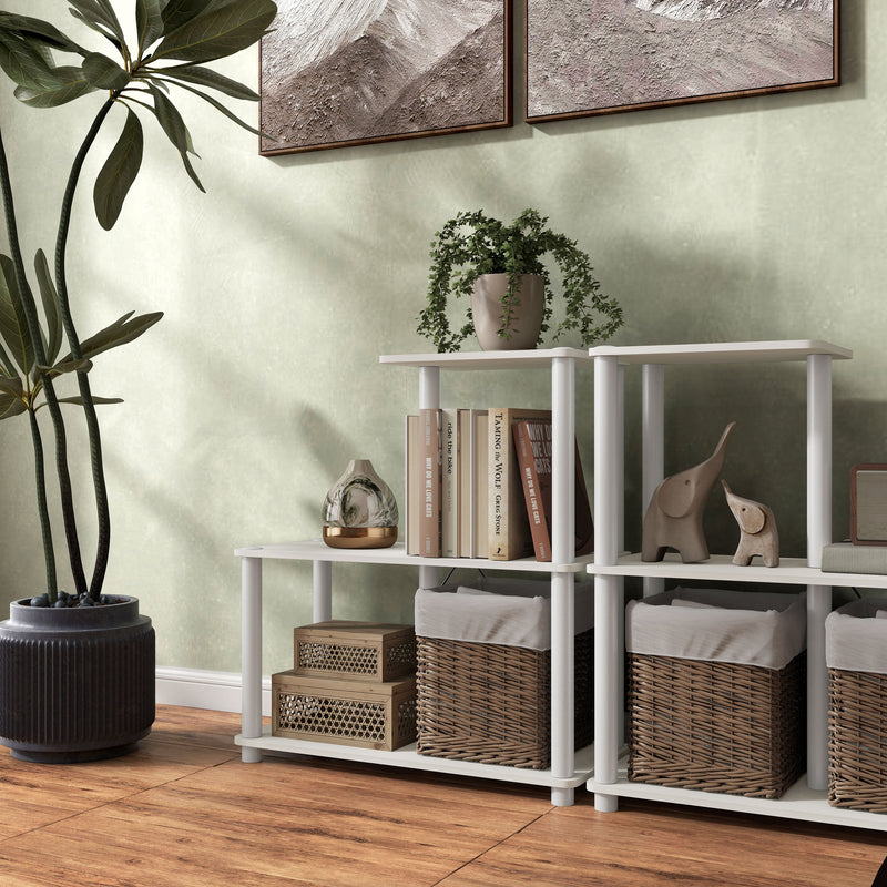 Left facing of two three-shelf modular shelving units with support rods in a room with accessories