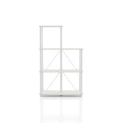 Front facing of a five-shelf modular shelving unit with support rods on a white background