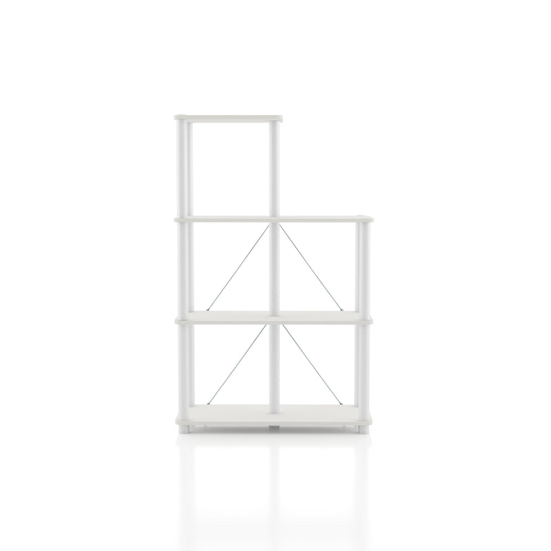 Front facing of a five-shelf modular shelving unit with support rods on a white background