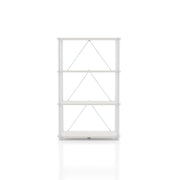 Front facing of a three-shelf modular shelving unit with support rods on a white background