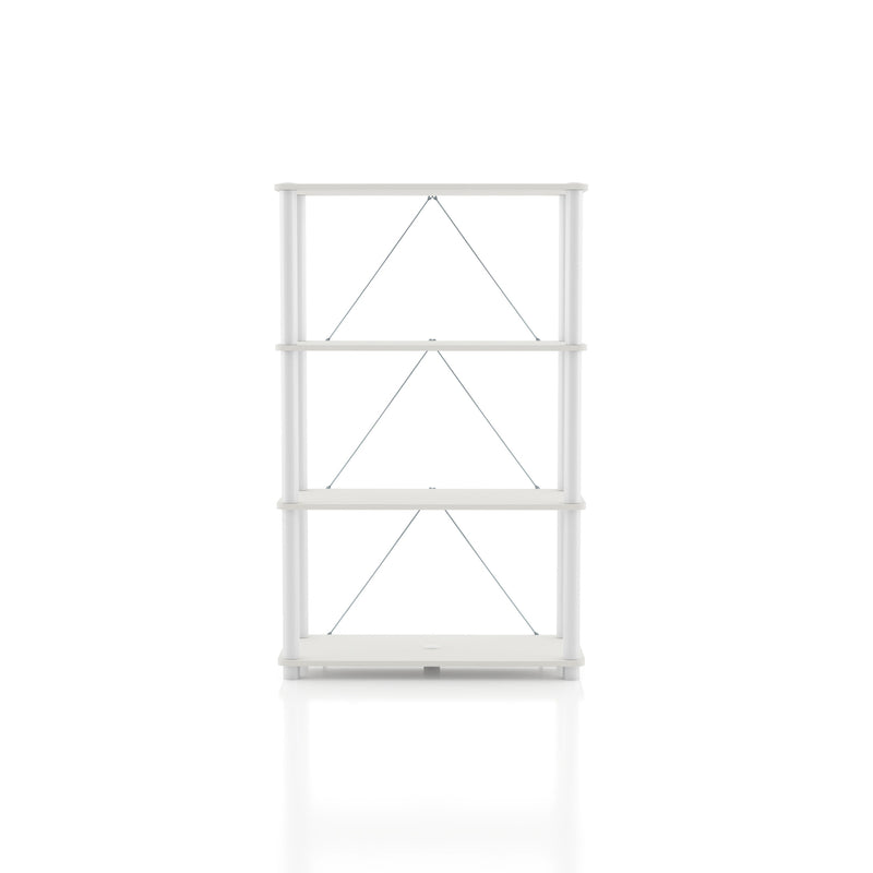 Front facing of a three-shelf modular shelving unit with support rods on a white background