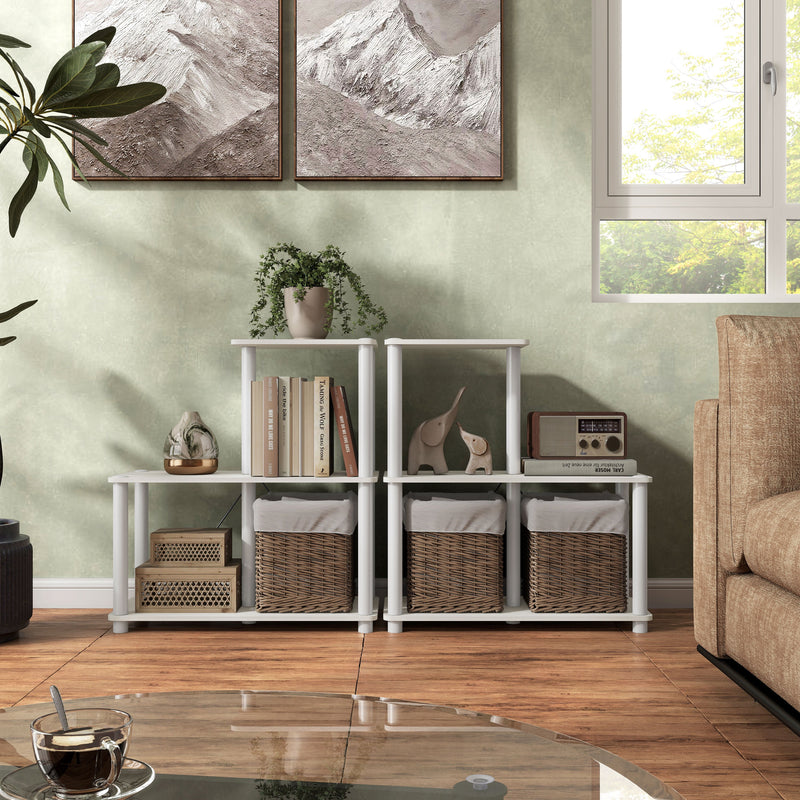 Front facing of two three-shelf modular shelving units with support rods in a room with accessories