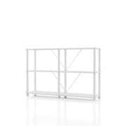 Left facing of a four-shelf modular shelving unit with support rods on a white background