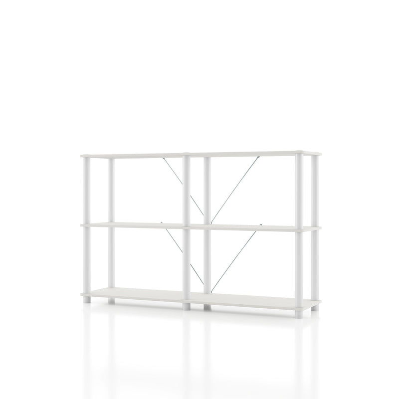 Left facing of a four-shelf modular shelving unit with support rods on a white background