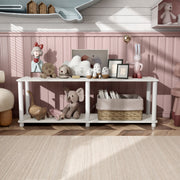 Front facing of a two-shelf modular shelving unit with support rods in a room with accessories