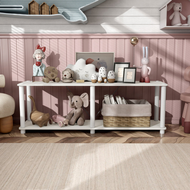 Front facing of a two-shelf modular shelving unit with support rods in a room with accessories