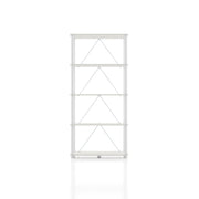 Front facing of a four-shelf modular shelving unit with support rods on a white background