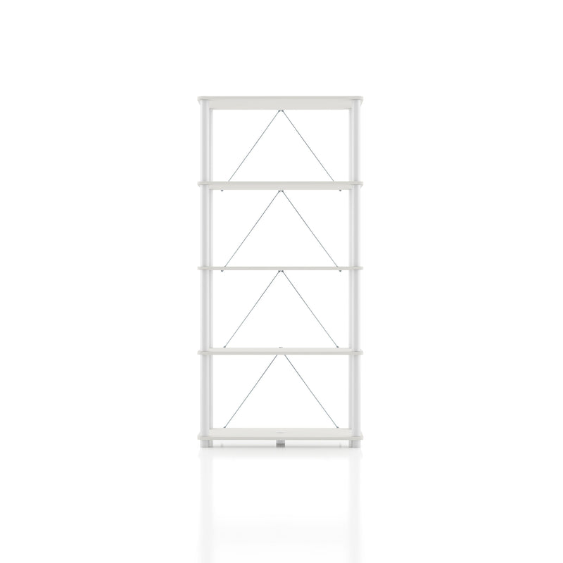 Front facing of a four-shelf modular shelving unit with support rods on a white background