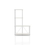 Front facing of a four-shelf modular shelving unit with support rods on a white background