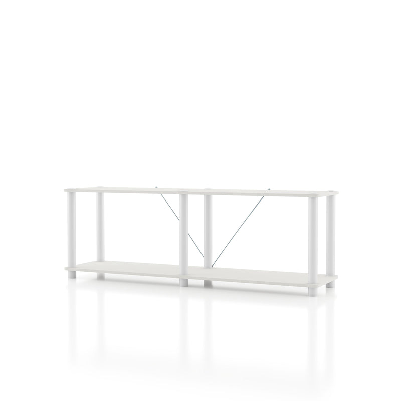 Left facing of a two-shelf modular shelving unit with support rods on a white background