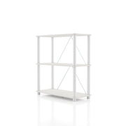 Left facing of a two-shelf modular shelving unit with support rods on a white background