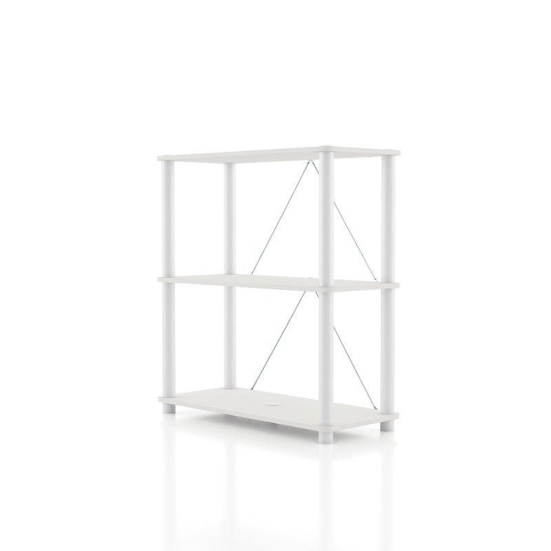 Left facing of a two-shelf modular shelving unit with support rods on a white background