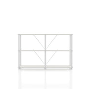 Front facing of a four-shelf modular shelving unit with support rods on a white background