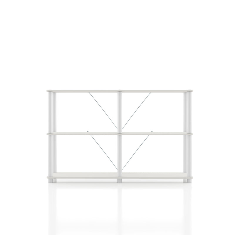 Front facing of a four-shelf modular shelving unit with support rods on a white background