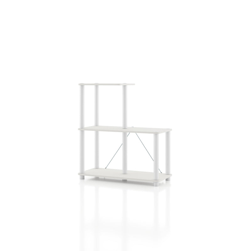 Left facing of a three-shelf modular shelving unit with support rods on a white background