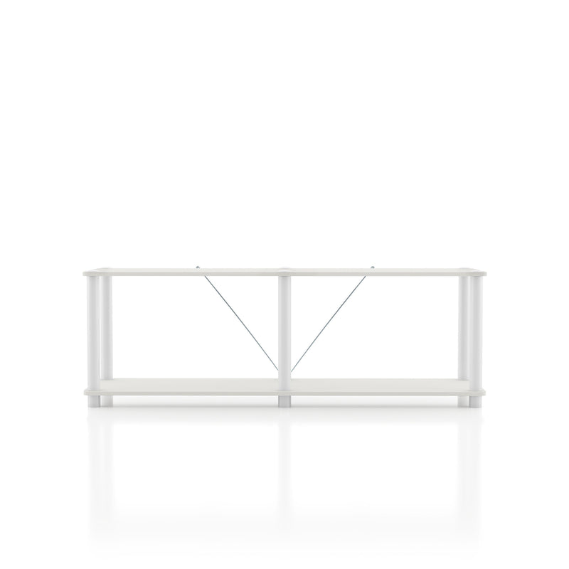 Front facing of a two-shelf modular shelving unit with support rods on a white background
