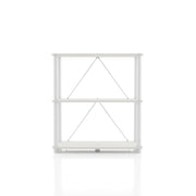 Front facing of a two-shelf modular shelving unit with support rods on a white background