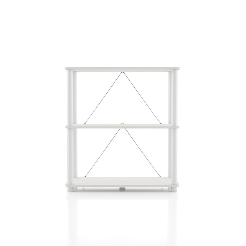 Front facing of a two-shelf modular shelving unit with support rods on a white background