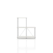 Front facing of a three-shelf modular shelving unit with support rods on a white background