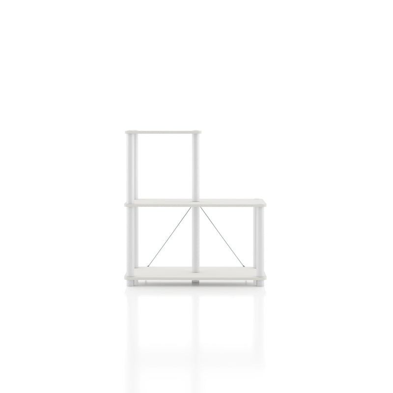 Front facing of a three-shelf modular shelving unit with support rods on a white background