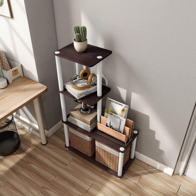 Left facing high-camera view of a four-shelf modular shelving unit with support rods in a room with accessories