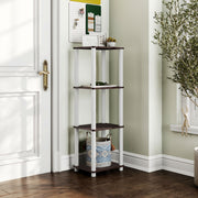 Right facing of a four-shelf modular shelving unit in a room with accessories
