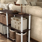 Left facing of the corner of a four-shelf modular shelving unit with support rods in a room with accessories