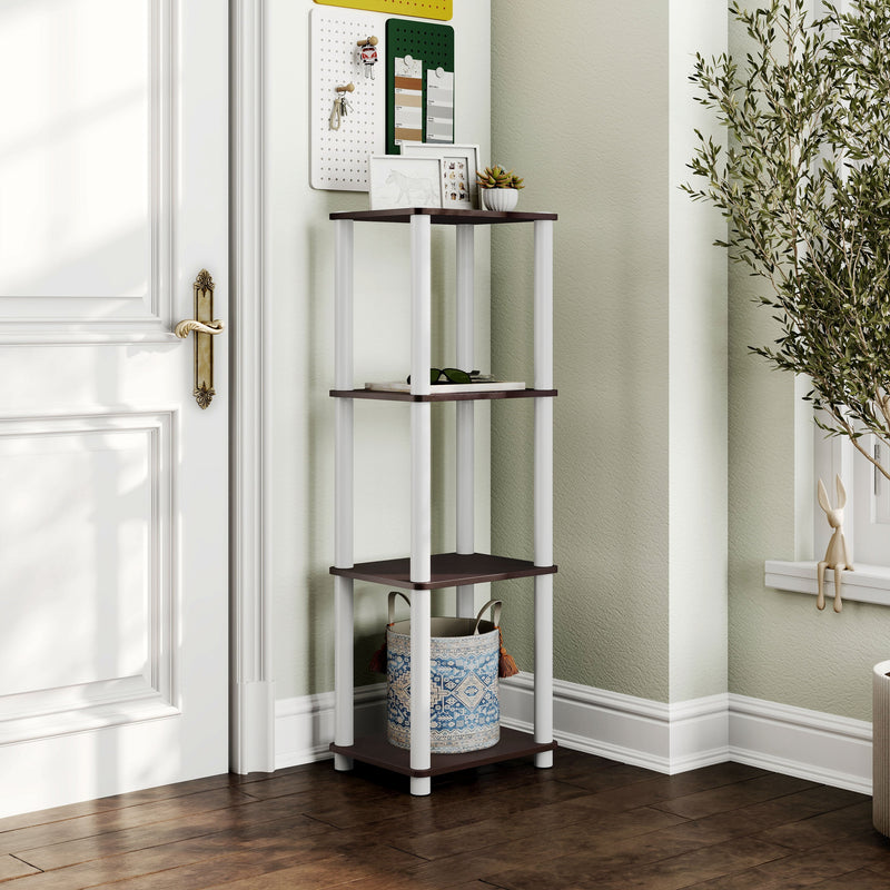 Right facing of a two-shelf modular shelving unit in a room with accessories