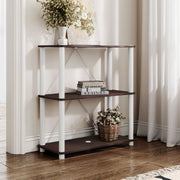 Right facing of a two-shelf modular shelving unit with support rods in a room with accessories